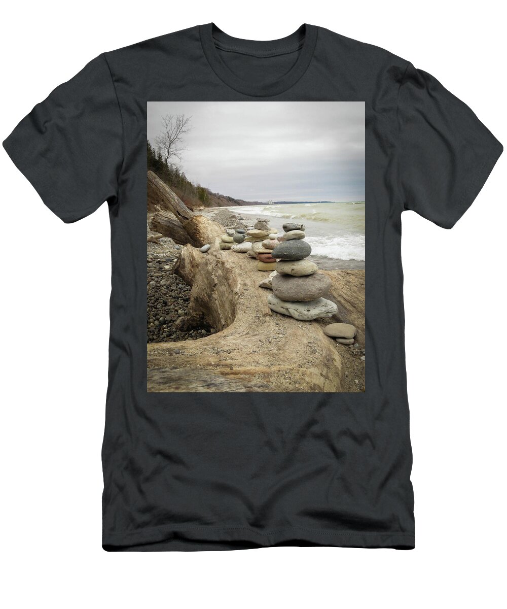  T-Shirt featuring the photograph Cairn on the Beach by Kimberly Mackowski