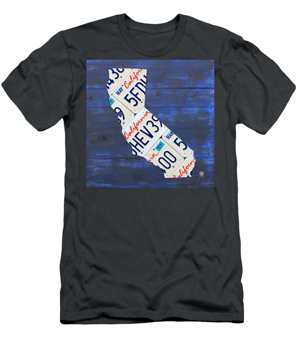 California T-Shirt featuring the mixed media California License Plate Map On Blue by Design Turnpike