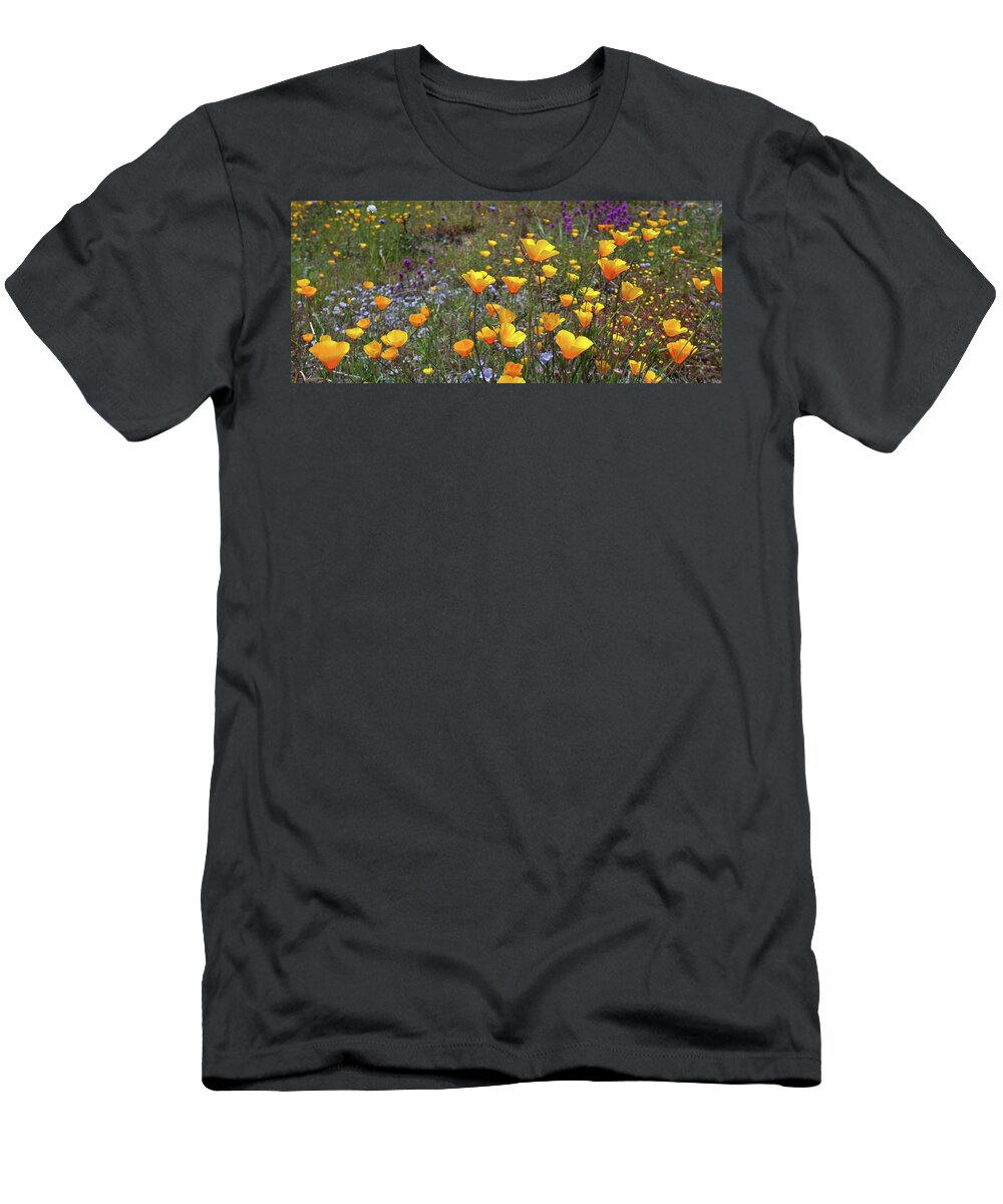 California T-Shirt featuring the photograph California Wildflower Meadow Panorama by Cascade Colors