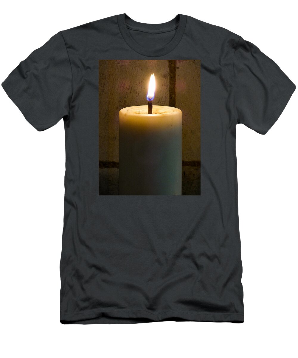 Alight; Blue; Brown; Burning; Candle; Fire; Light; Night; Stone; Texture; Wall; White; Yellow; Flame T-Shirt featuring the photograph Candle Light by Steve Taylor