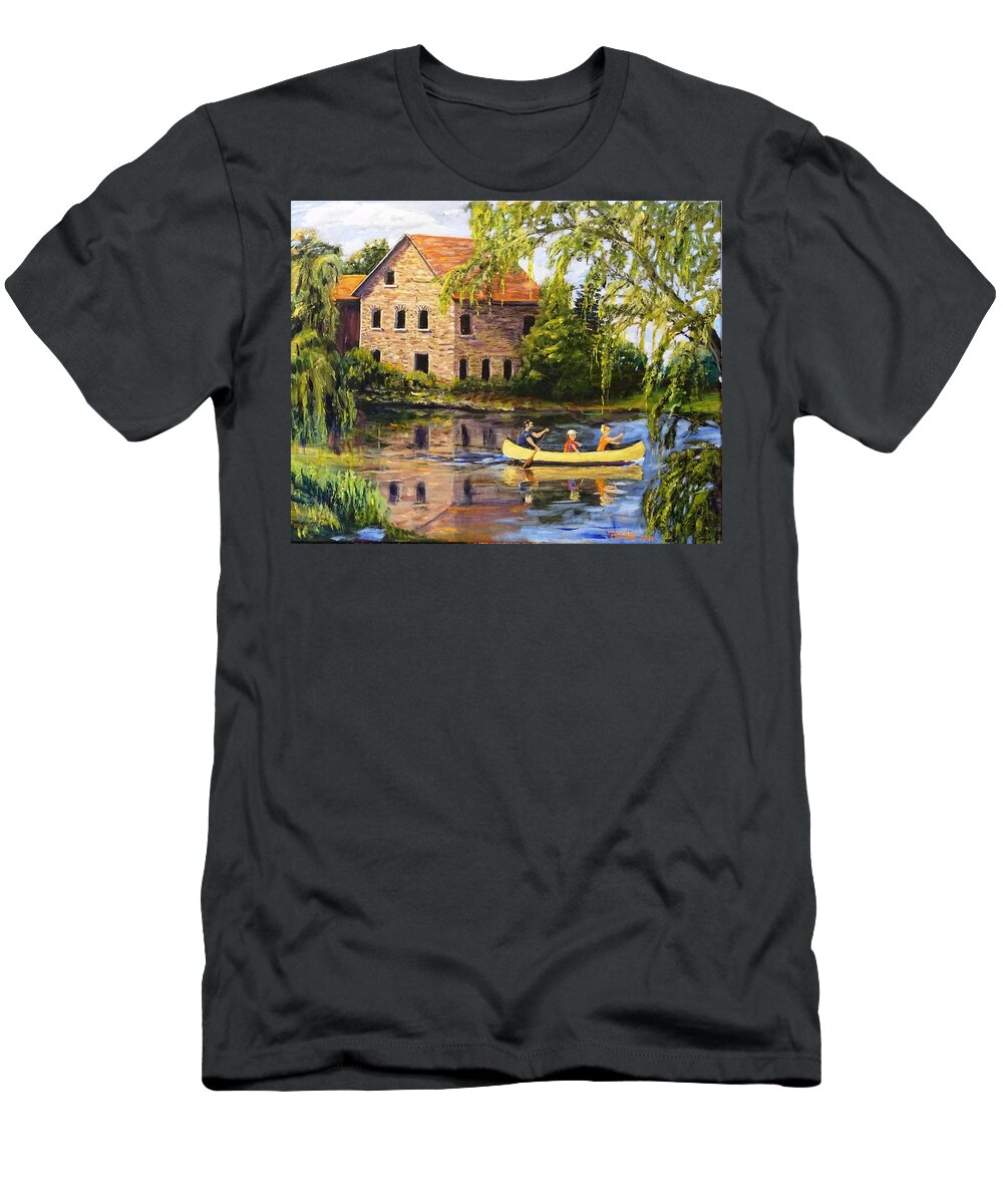 Canoe T-Shirt featuring the painting Canoeing Past The Mill by Brent Arlitt