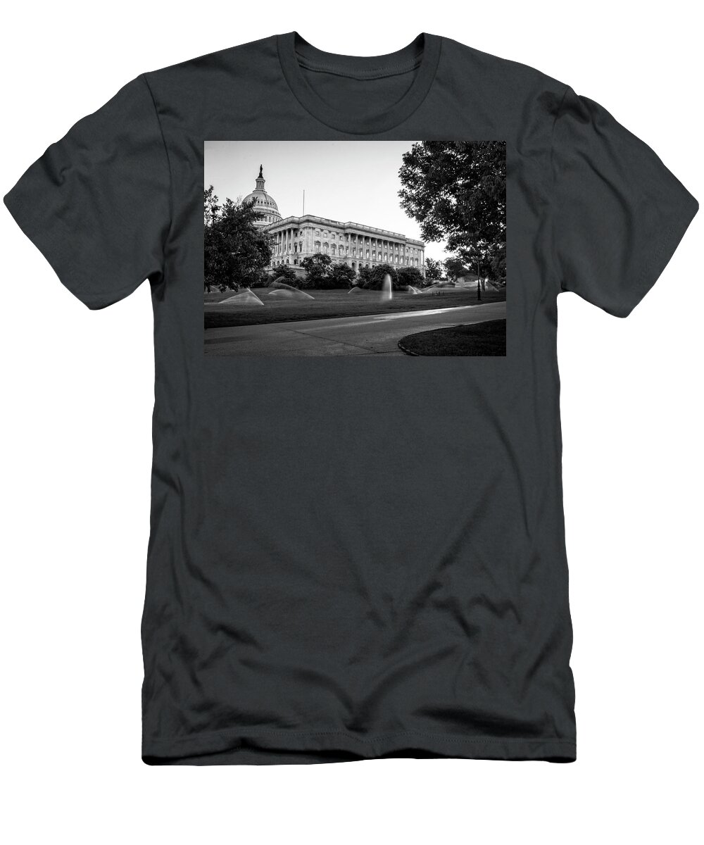 Us Capitol Building T-Shirt featuring the photograph Capitol Hill Sprinklers In Black and White by Greg and Chrystal Mimbs