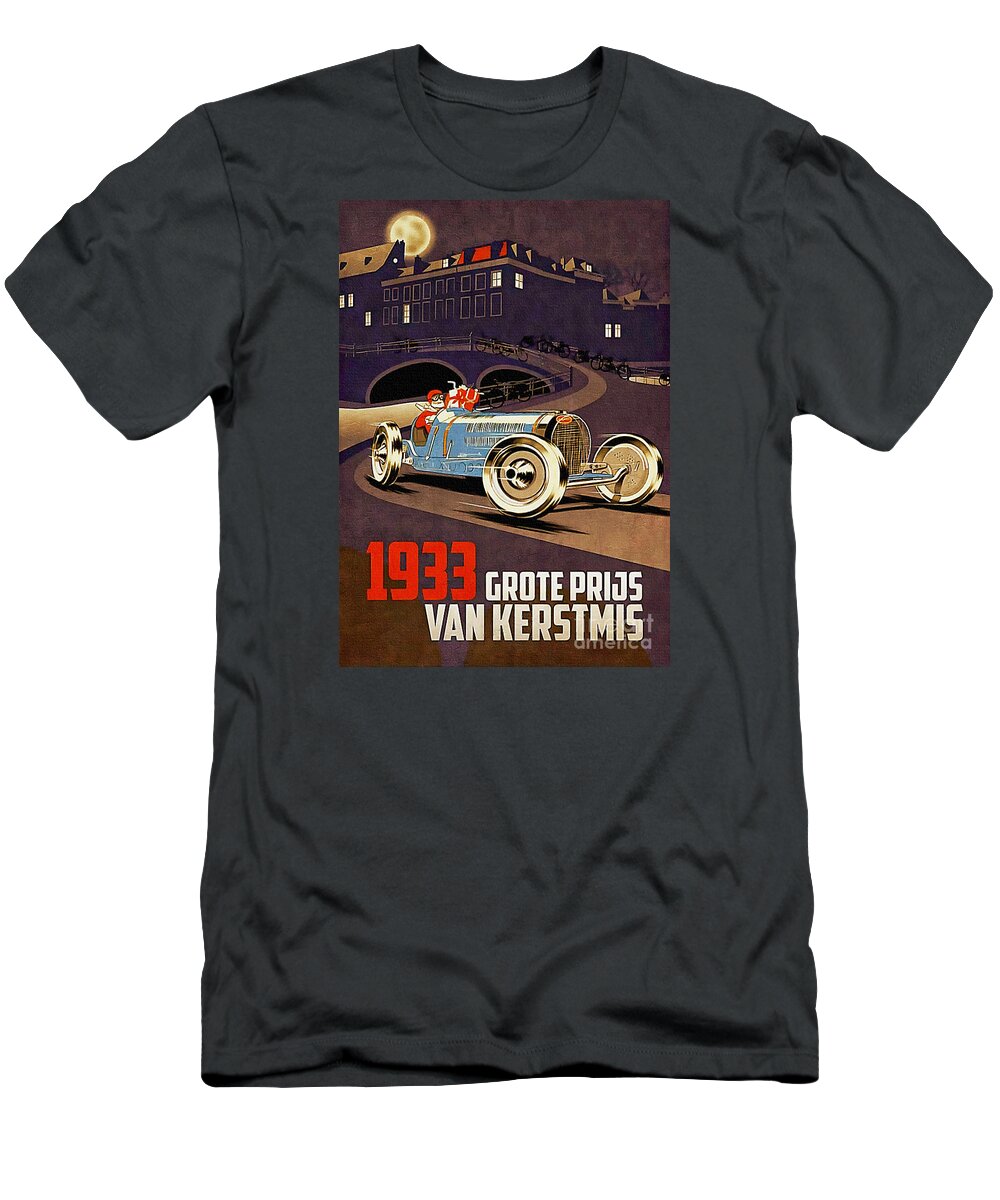 Racing Car T-Shirt featuring the painting Car Racing Christmas Poster of the 30s by Ian Gledhill