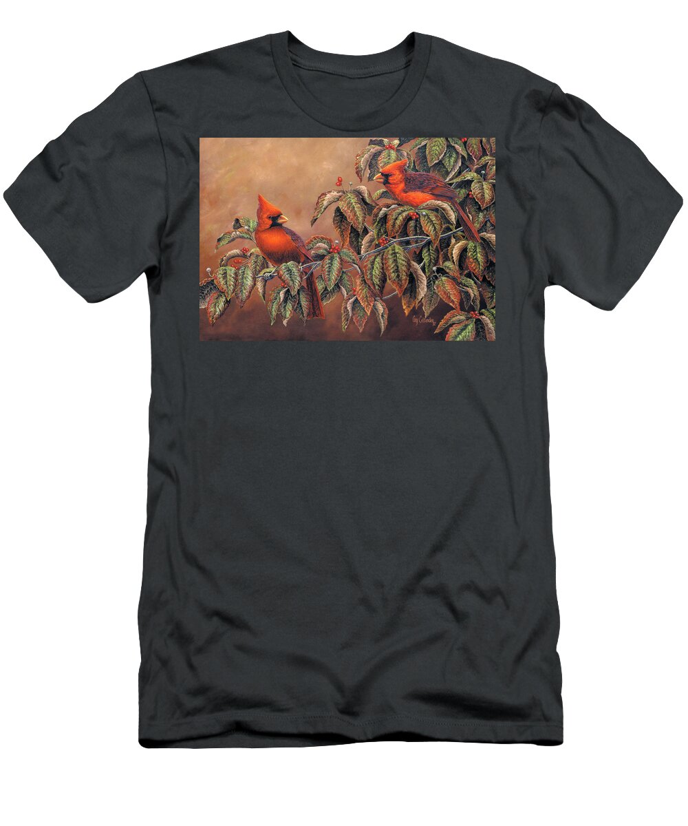  T-Shirt featuring the painting Cardinals in Dogwood by Guy Crittenden