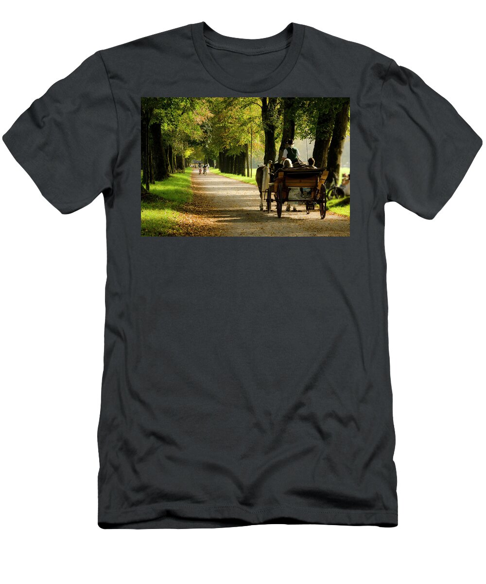 Carriage T-Shirt featuring the photograph Carriage ride in Hellbrunn by Wolfgang Stocker
