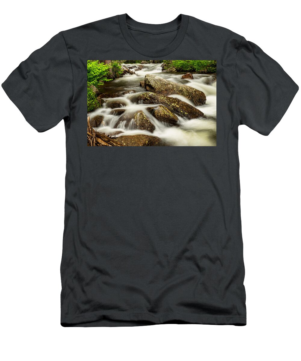 Rocky T-Shirt featuring the photograph Cascading Water and Rocky Mountain Rocks by James BO Insogna