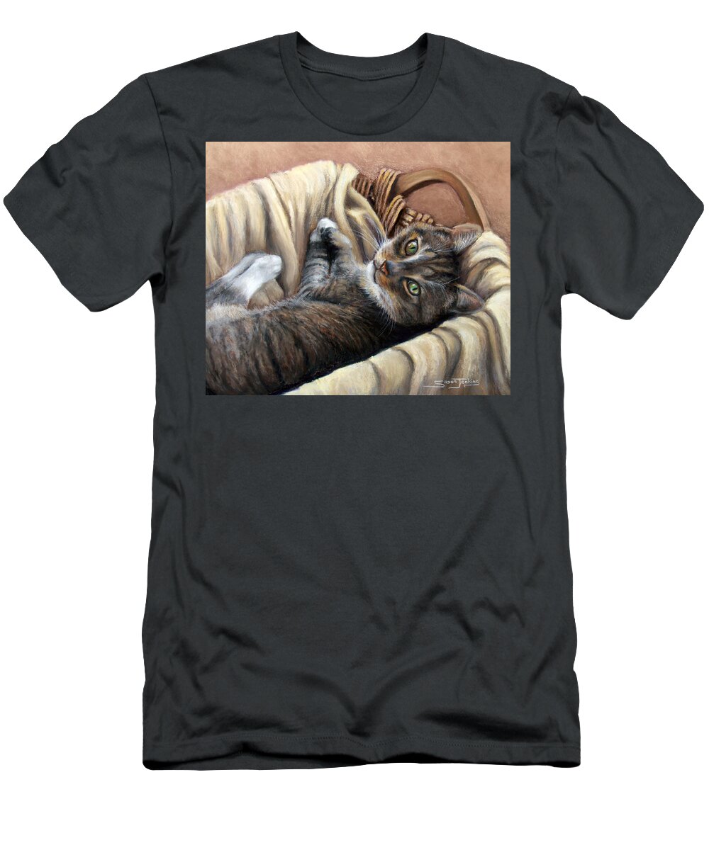 Animal T-Shirt featuring the pastel Cat in a Basket by Susan Jenkins