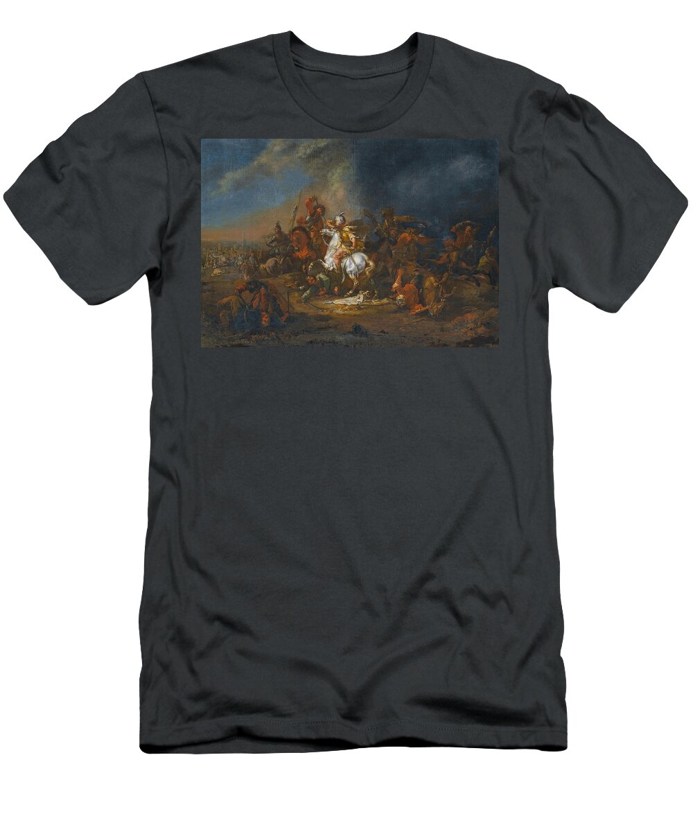 August Querfurt T-Shirt featuring the painting Cavalry skirmishes between Turks and Christians 1 by August Querfurt