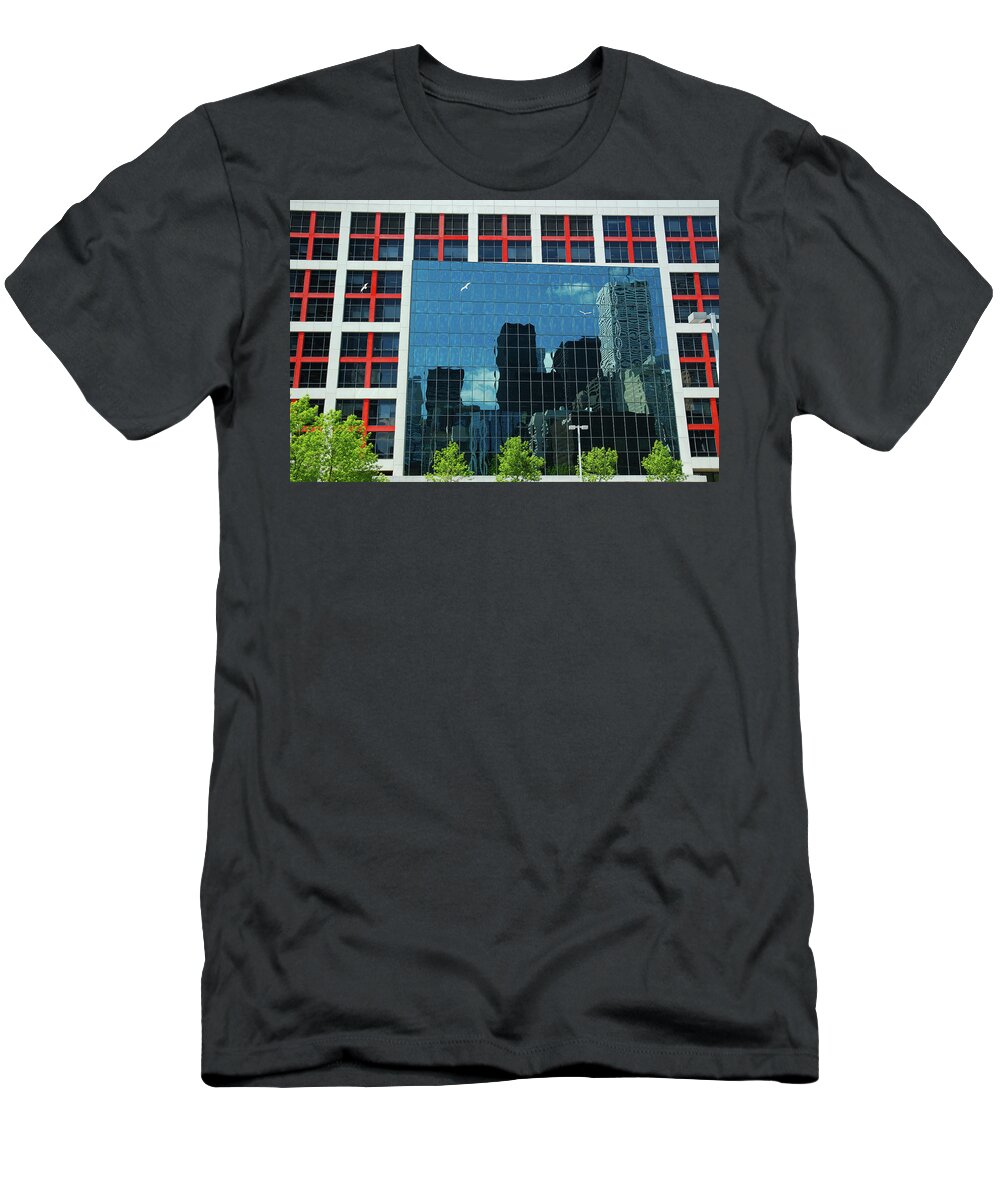 Cbc Toronto Reflection T-Shirt featuring the photograph CBC building TV screen of downtown highrises by Reimar Gaertner