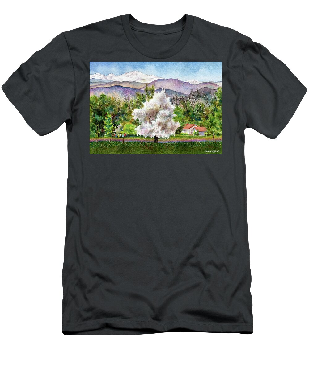Blossoming Tree Painting T-Shirt featuring the painting Celeste's Farm by Anne Gifford
