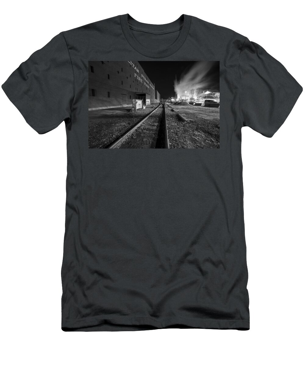 Central T-Shirt featuring the photograph Central Square Train Tracks Cambridge MA Black and White by Toby McGuire