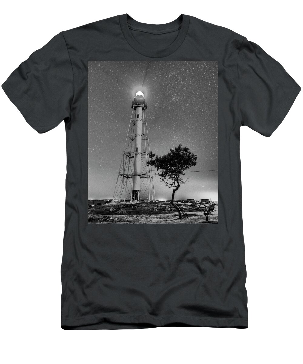 Marblehead T-Shirt featuring the photograph Chandler Hovey Light Tower at night Marblehead MA Tree Black and White by Toby McGuire