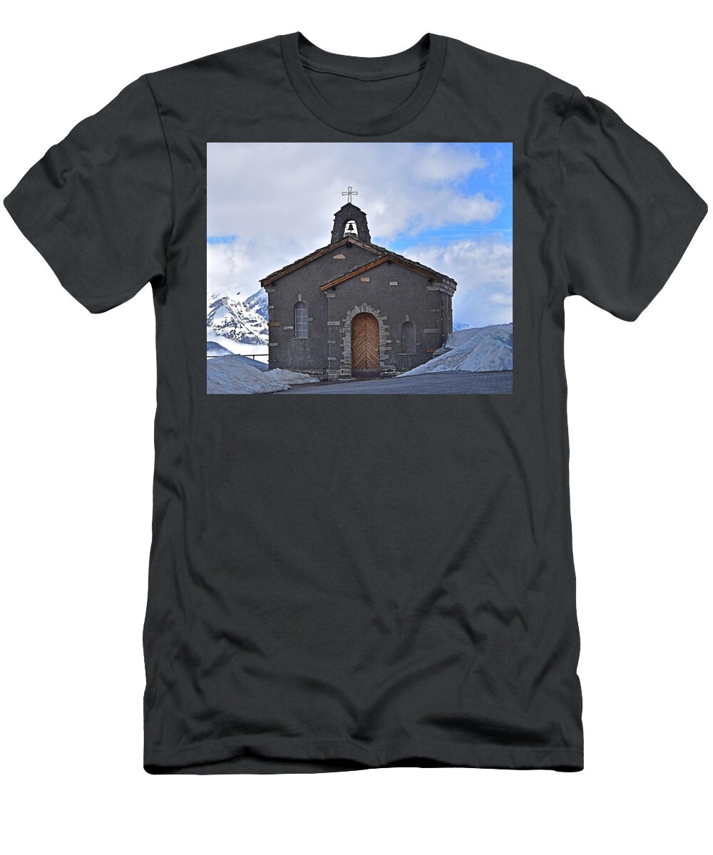 Chapel T-Shirt featuring the photograph Chapel on the mountain by Outside the door By Patt