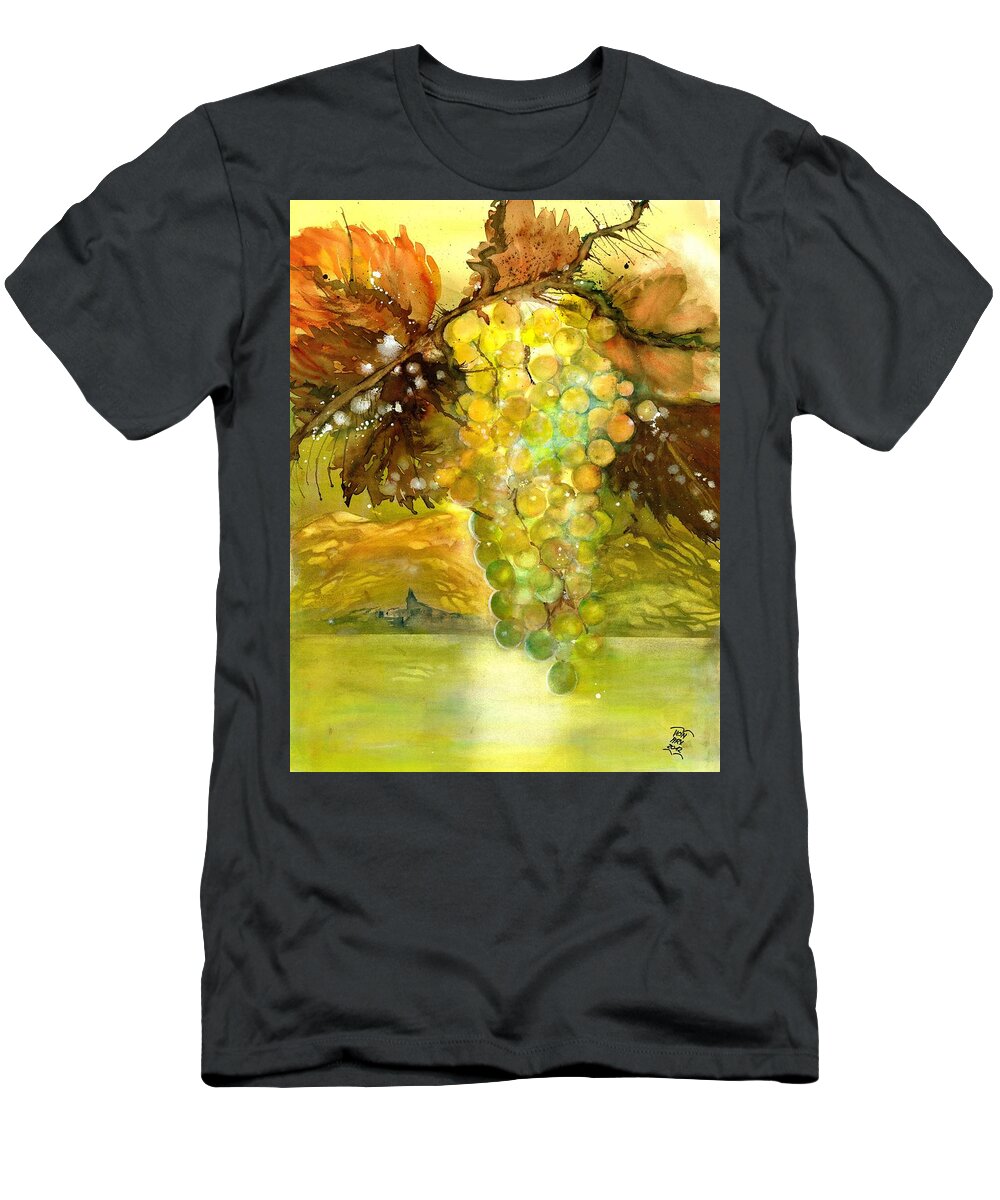 Wine Cellar Painting T-Shirt featuring the painting Chardonnay Grapes in sunlight by Sabina Von Arx