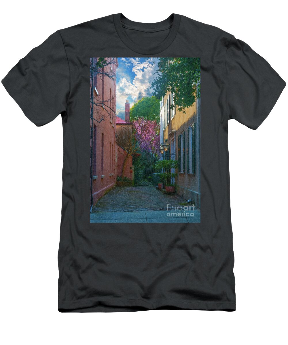 Alley T-Shirt featuring the painting Charleston Alley in the Spring by Dale Powell