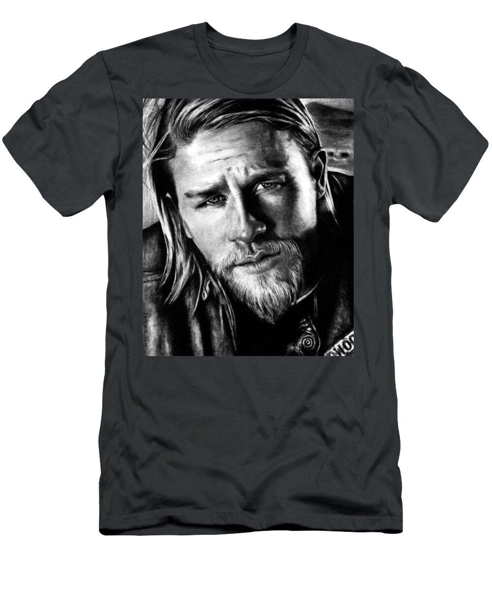 Charlie Hunnam T-Shirt featuring the drawing Charlie Hunnam as Jax Teller by Rick Fortson