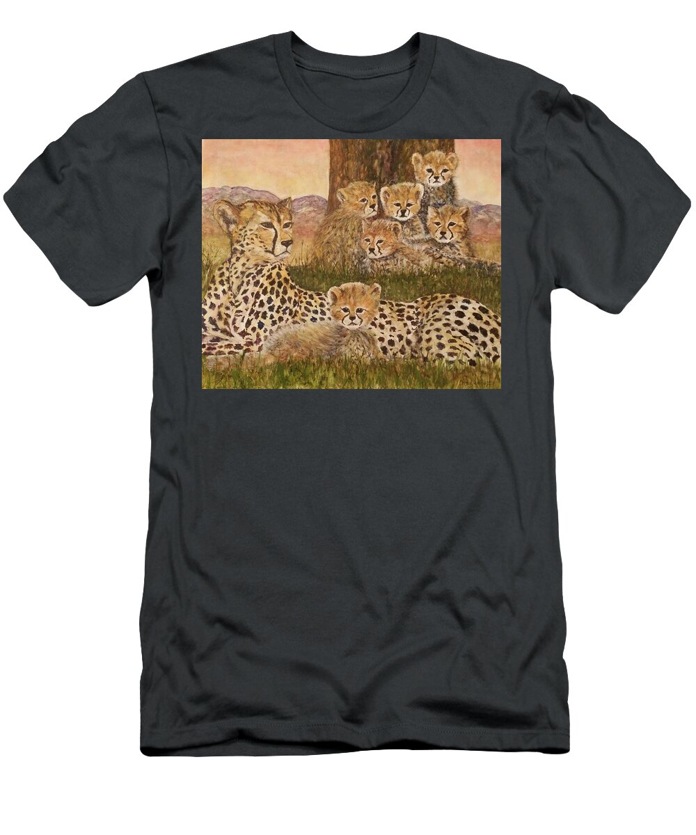 Watercolor T-Shirt featuring the painting Cheetah Family Portrait by Cheryl Wallace