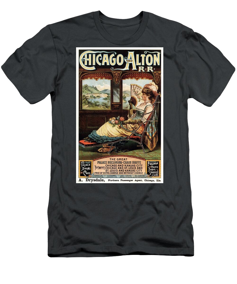 Chicago T-Shirt featuring the mixed media Chicago and Alton Railroad - Woman Sitting on Reclining Chair - Vintage Advertising Poster by Studio Grafiikka