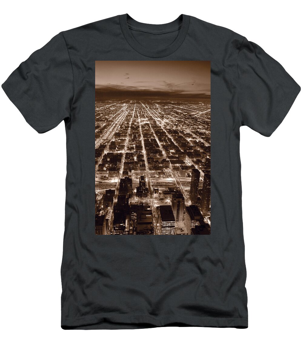 Aerial T-Shirt featuring the photograph Chicago City Lights West B W by Steve Gadomski
