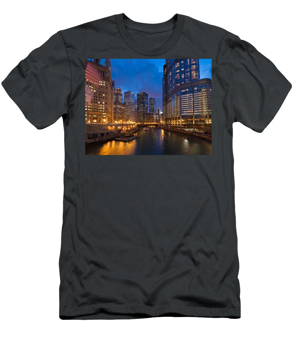 Architecture T-Shirt featuring the photograph Chicago River Lights by Steve Gadomski