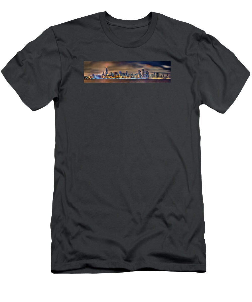 Chicago Skyline T-Shirt featuring the photograph Chicago Skyline at NIGHT Panorama by Jon Holiday