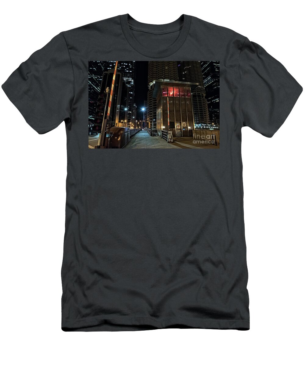 Night T-Shirt featuring the photograph Chicago urban vintage river drawbridge with tender house at night by Bruno Passigatti