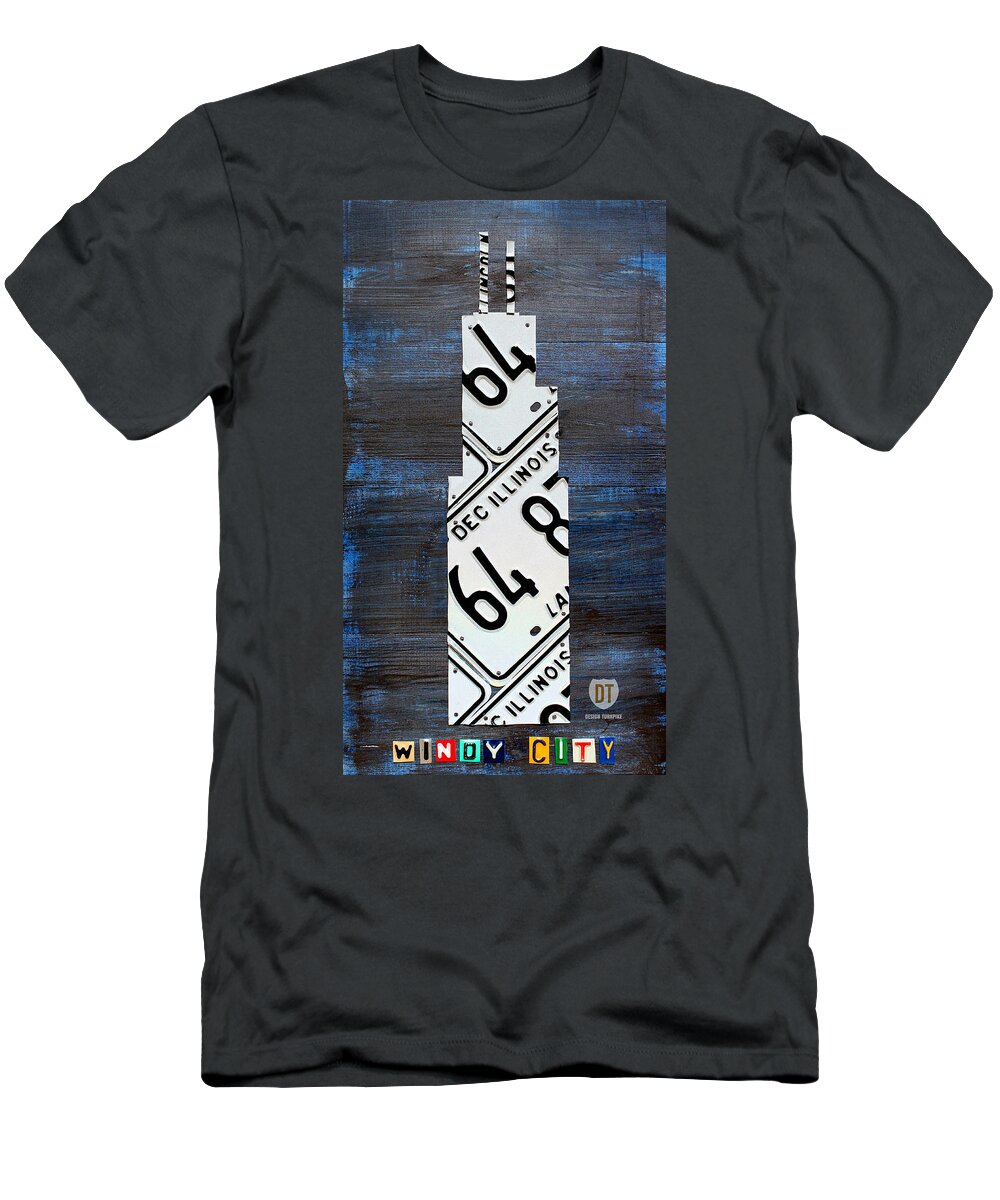 Chicago T-Shirt featuring the mixed media Chicago Windy City Harris Sears Tower License Plate Art by Design Turnpike