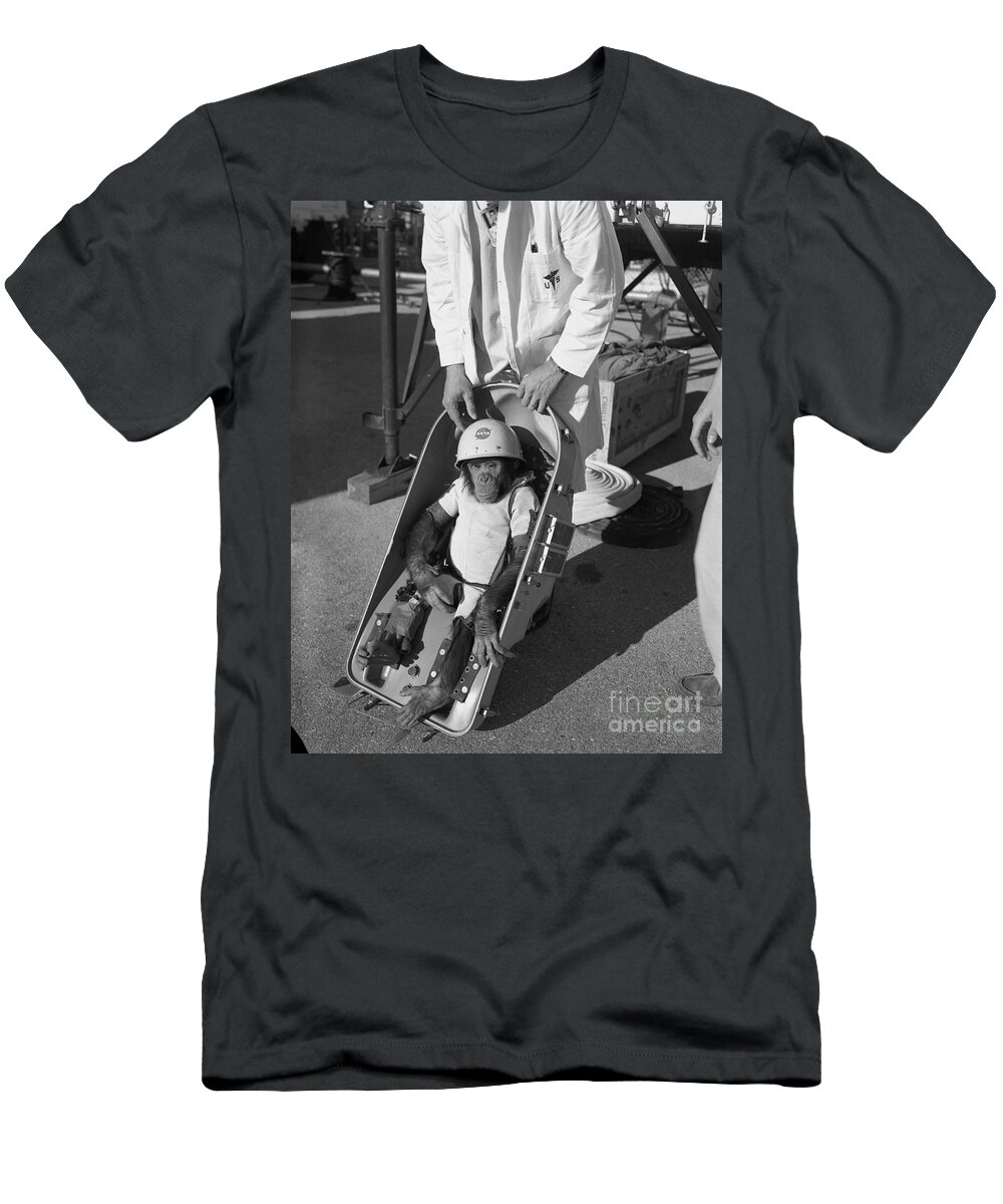 Chimpanzee T-Shirt featuring the photograph Chimpanzee Ham in his spacesuit and NASA helmet by Vintage Collectables