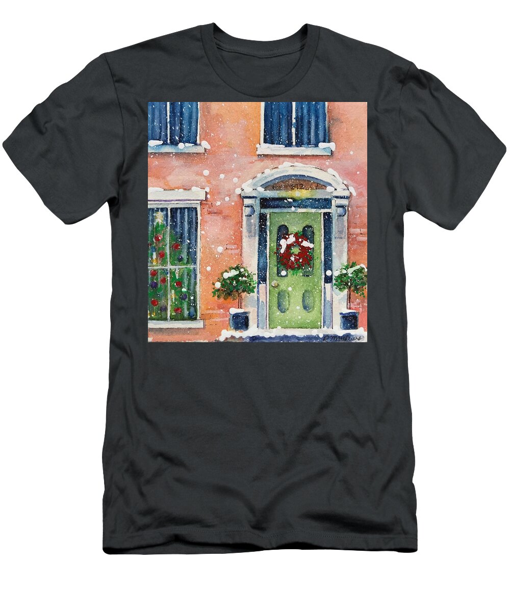 Christmas Cards By Rebecca Matthews T-Shirt featuring the painting Christmas at the rectory by Rebecca Matthews