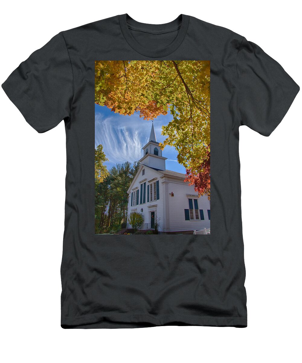 #jefffolger T-Shirt featuring the photograph Church with Mares tails above and fall foliage below by Jeff Folger