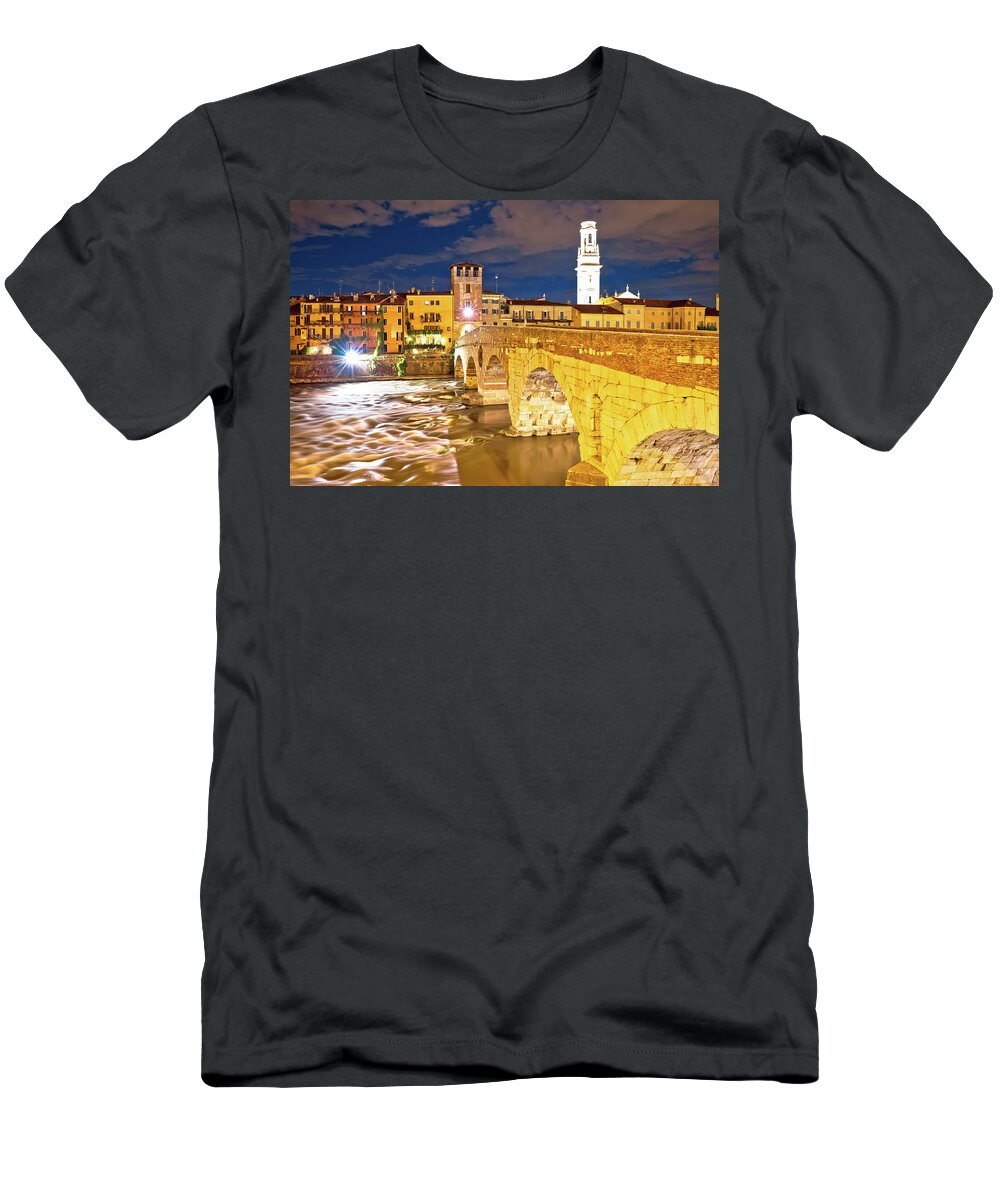 Verona T-Shirt featuring the photograph City of Verona Adige riverfront evening view by Brch Photography