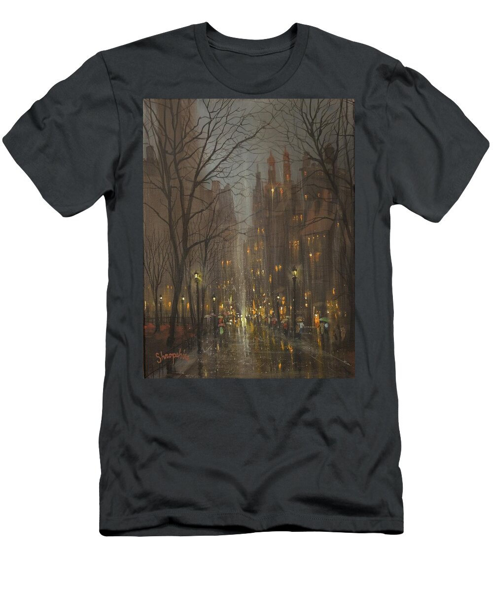 City Rain T-Shirt featuring the painting City Park by Tom Shropshire
