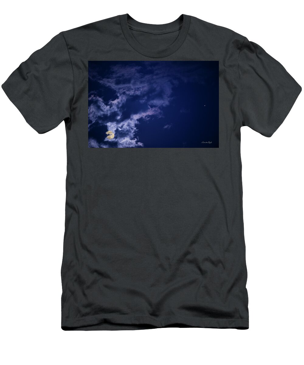 Full Moon T-Shirt featuring the photograph Cloudy Moon with Jupiter by Karen Slagle