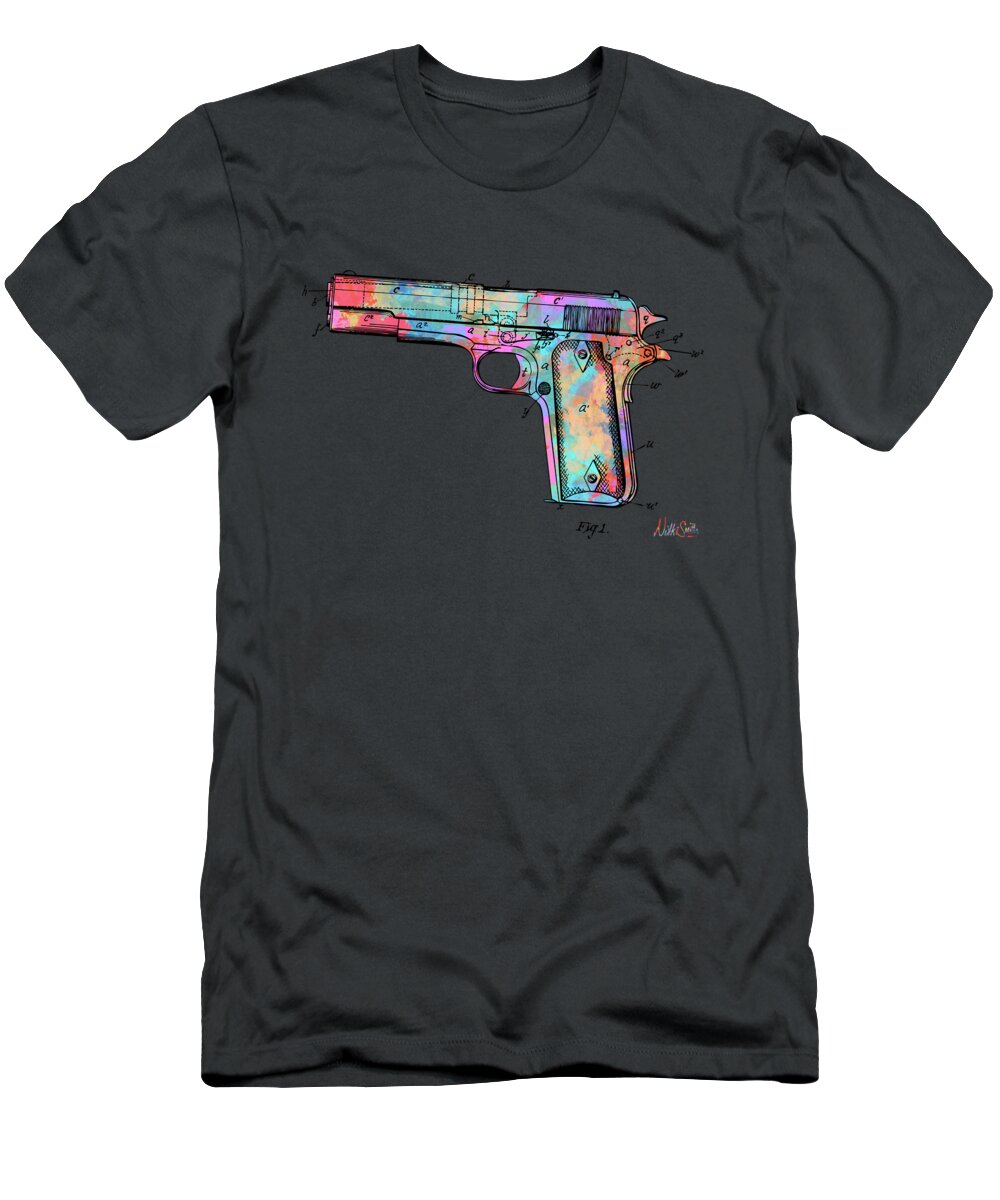 Colt 45 T-Shirt featuring the digital art Colorful 1911 Colt 45 Browning Firearm Patent Minimal by Nikki Marie Smith