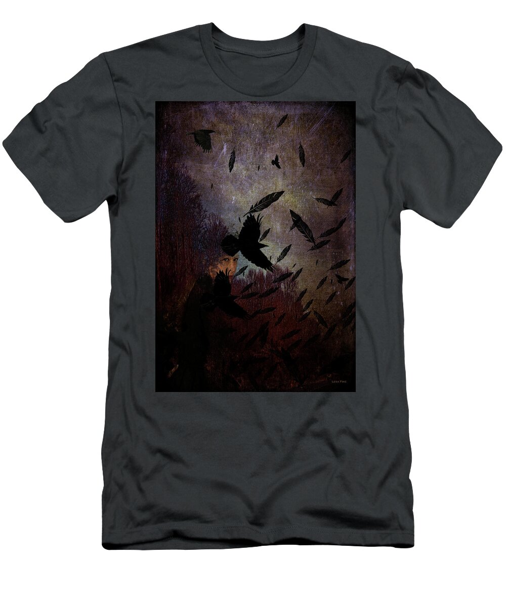 Crow T-Shirt featuring the mixed media Conflict of The Crows by Lesa Fine