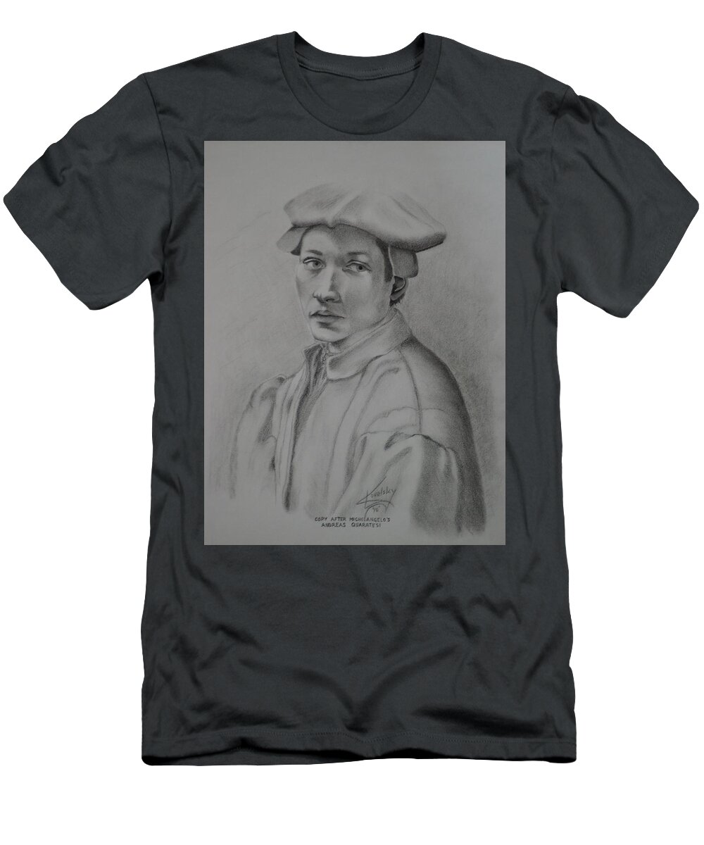Charcoal; Drawing; Michelangelo T-Shirt featuring the drawing Copy After Michelangelo's Andreas Quaratesi by Edward Kovalsky
