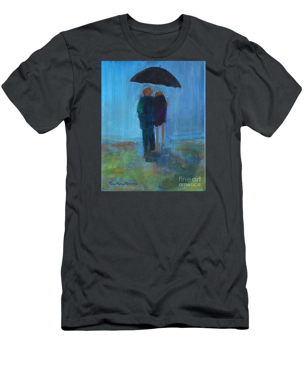 Umbrella T-Shirt featuring the painting Couple at Beach Under Umbrella in Rain by Robin Pedrero