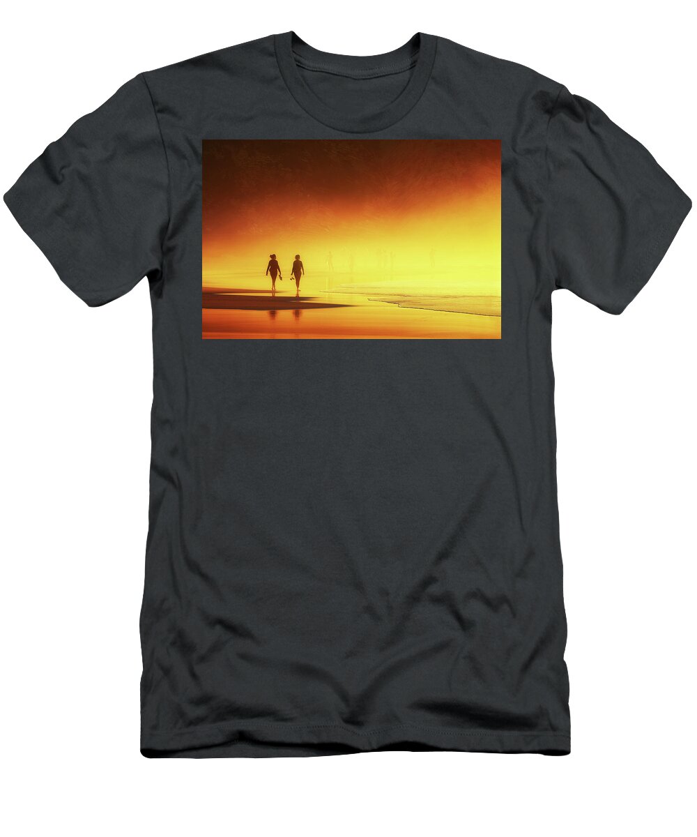 Woman T-Shirt featuring the photograph Couple Of Women Walking On Beach by Mikel Martinez de Osaba