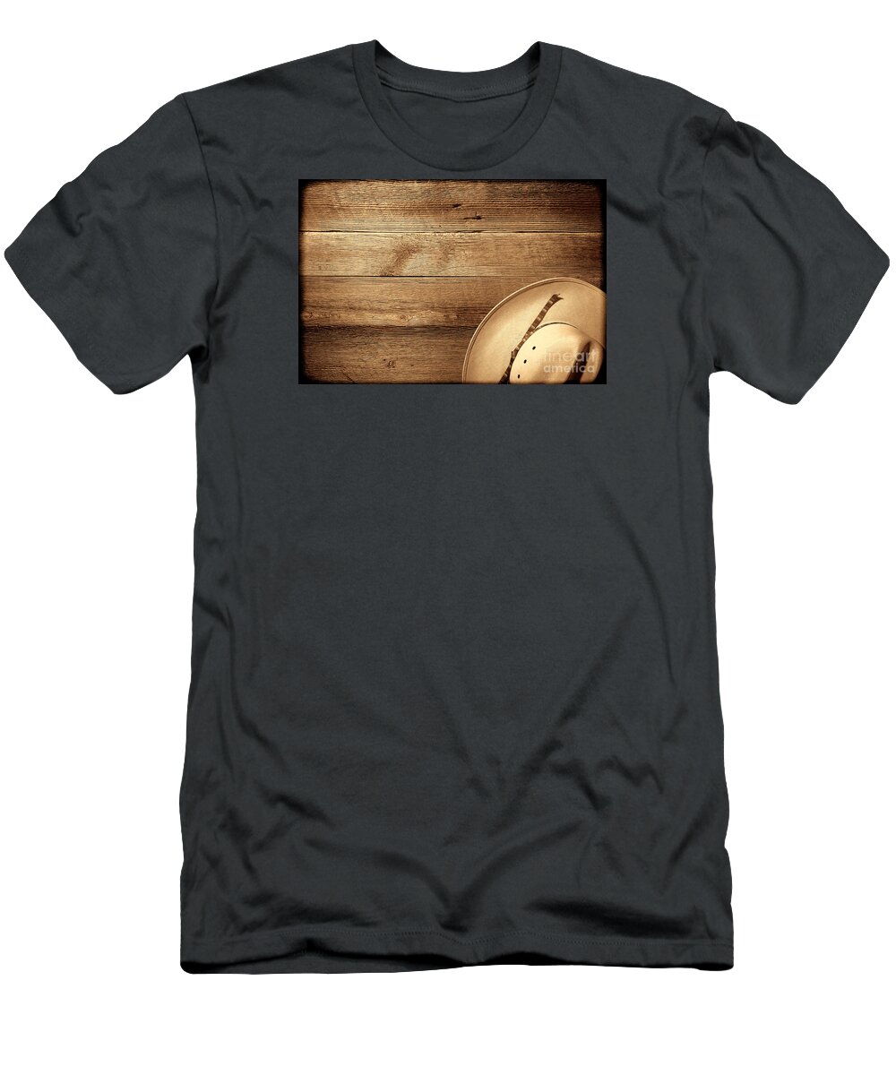 Western T-Shirt featuring the photograph Cowboy Hat on Wood Table by American West Legend By Olivier Le Queinec