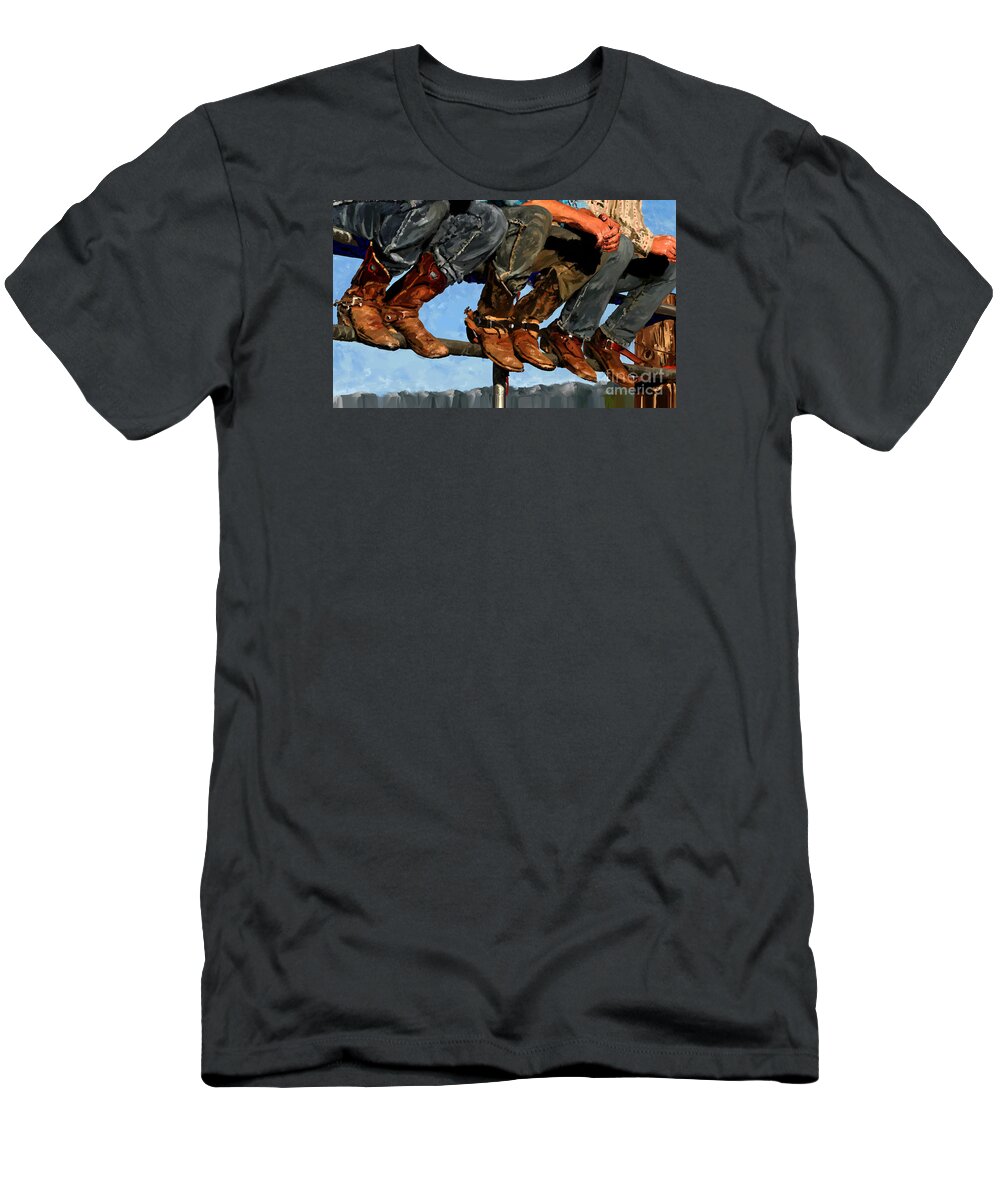 Cowboys On The Fence T-Shirt featuring the painting Cowboys on the fence by Tim Gilliland