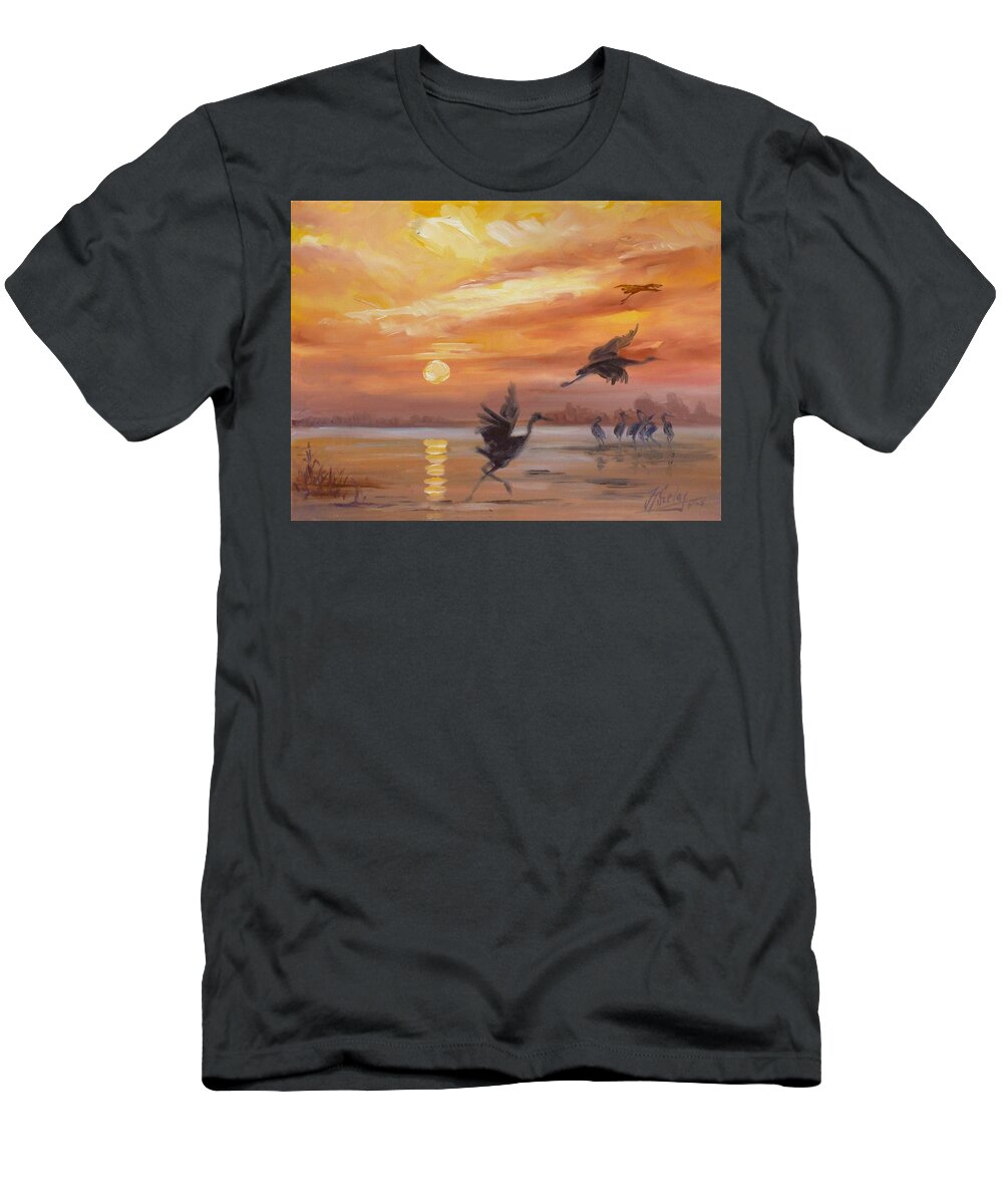 Sunset T-Shirt featuring the painting Cranes - golden sunset by Irek Szelag