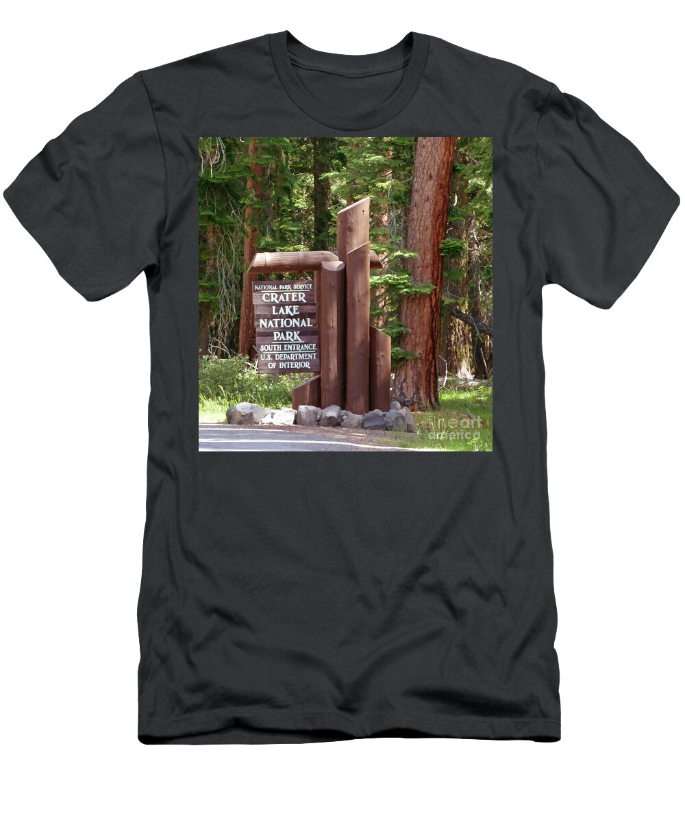 Crater Lake Entrance Sign T-Shirt featuring the photograph Crater Lake Entrance Sign by Two Hivelys