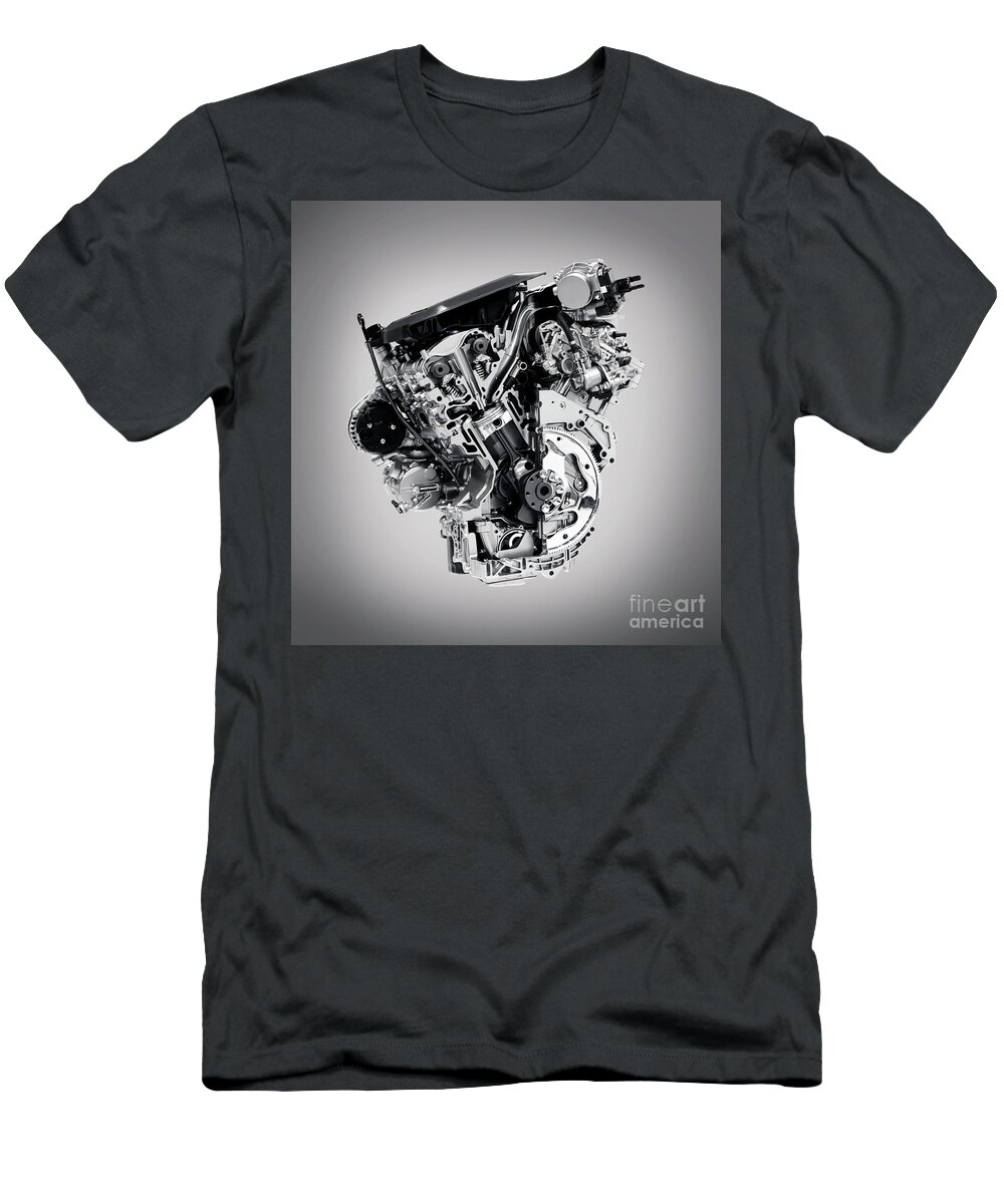 Engine T-Shirt featuring the photograph Cross section of Buick Lacrosse 3.6L V6 VVT car engine by Maxim Images Exquisite Prints