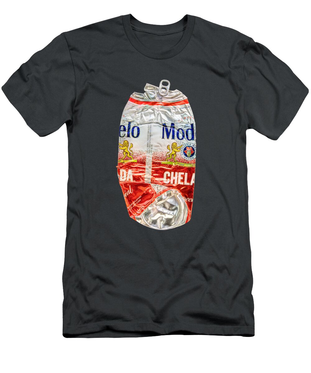 Beer Can T-Shirt featuring the photograph Crushed Beer Can Red Chelada on Plywood 83 by YoPedro