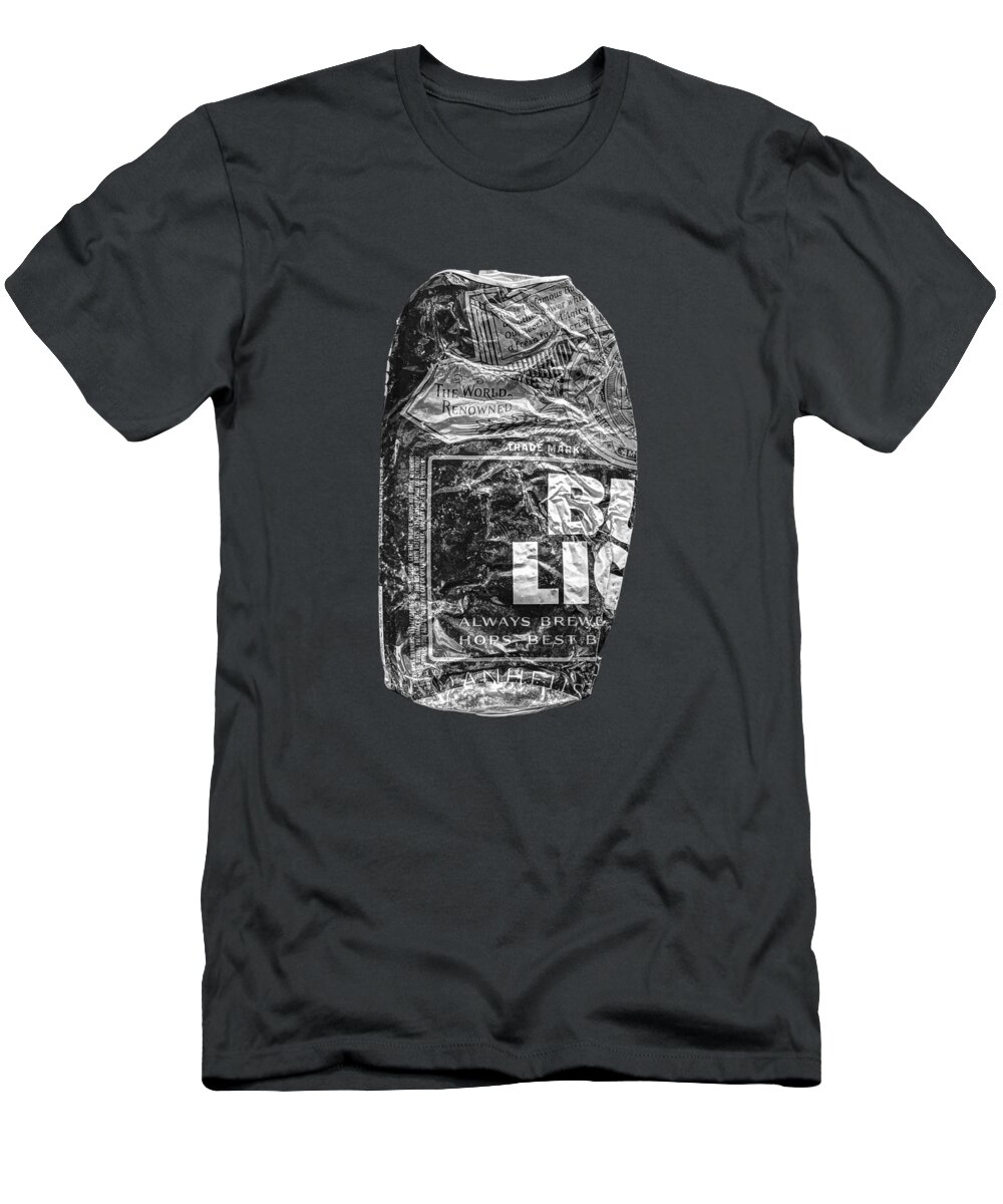 Black T-Shirt featuring the photograph Crushed Blue Beer Can on Plywood 78 in BW by YoPedro