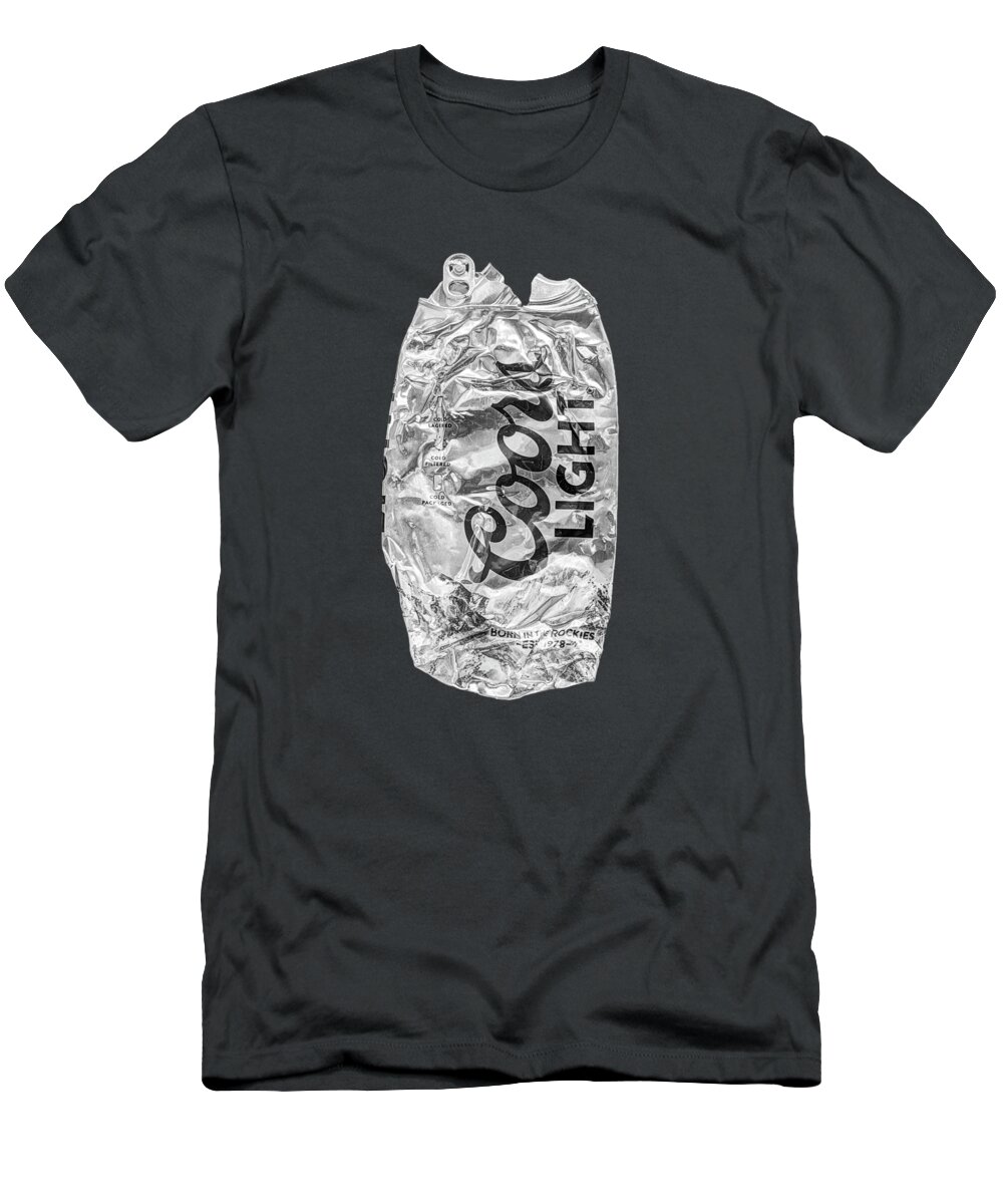 Black T-Shirt featuring the photograph Crushed Light Silver Beer Can on Plywood 79 in BW by YoPedro