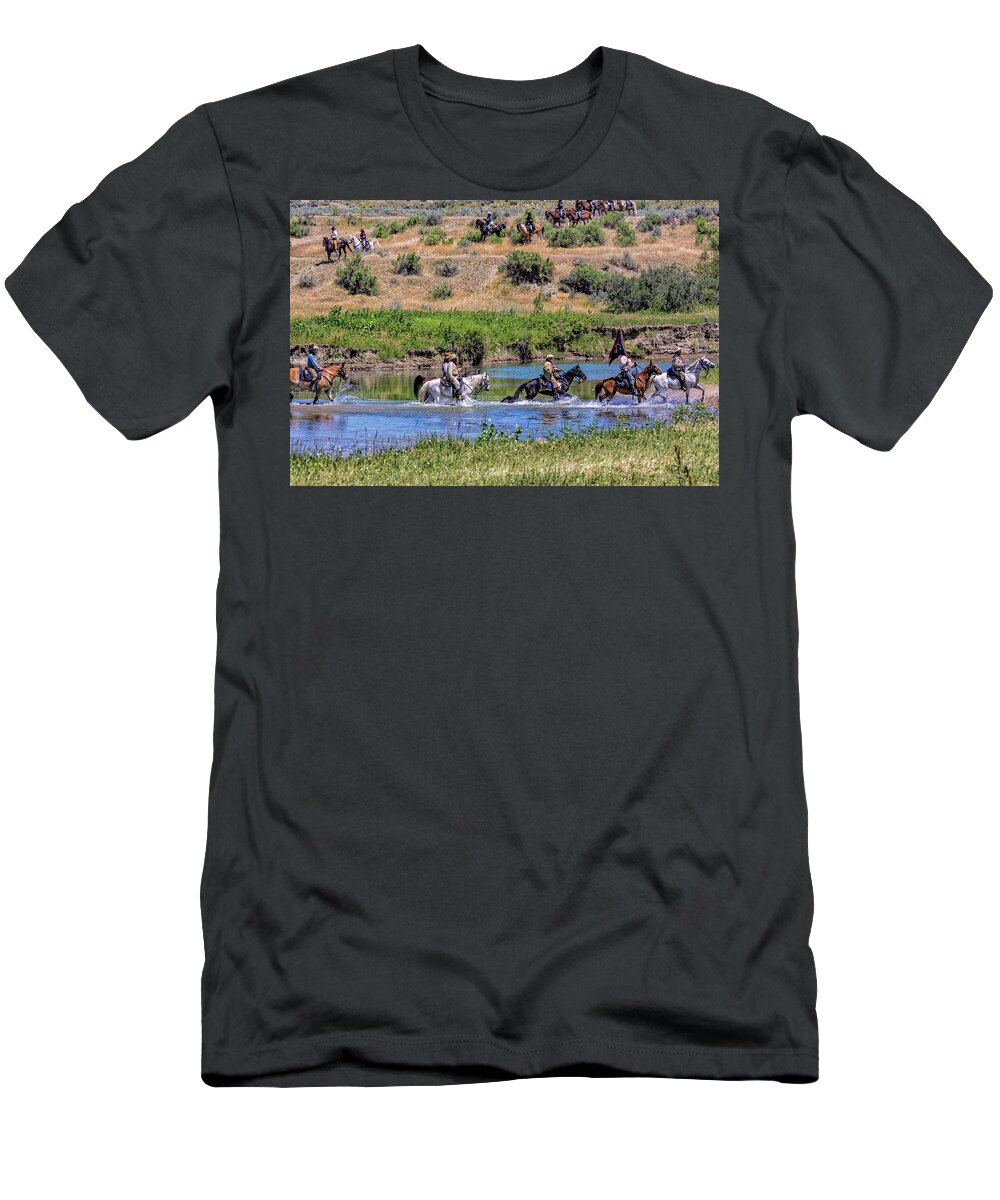 Little Bighorn Re-enactment T-Shirt featuring the photograph Custer and His 7th Cavalry Troops by Donald Pash