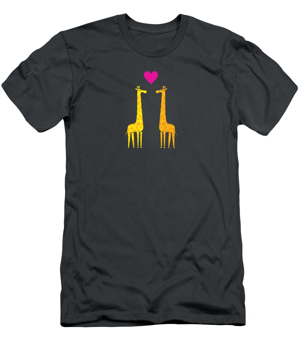 Giraffe T-Shirt featuring the painting Cute cartoon giraffe couple in Love Purple Edition by Philipp Rietz