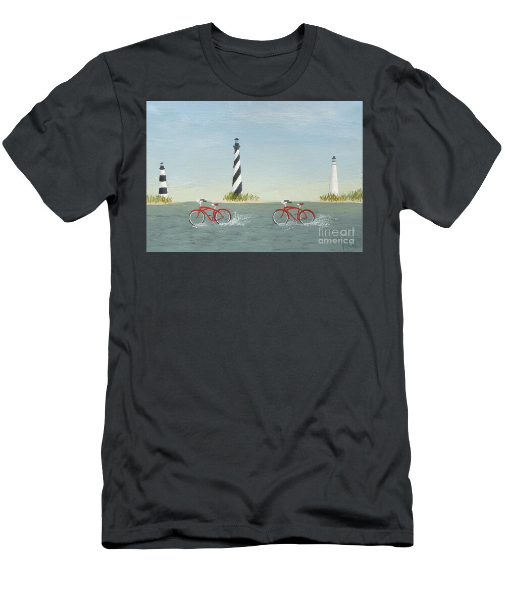 Red Bicycles T-Shirt featuring the painting Cycling the Pamlico Sound by Phyllis Andrews