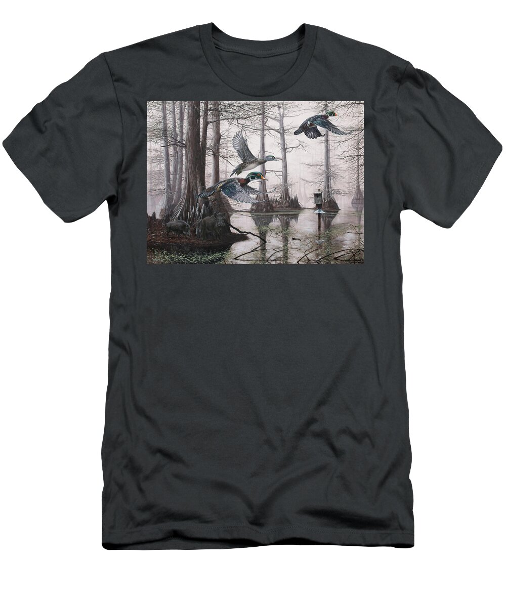 Duck Hunting T-Shirt featuring the painting Cypress Bayou Neighbors by Glenn Pollard
